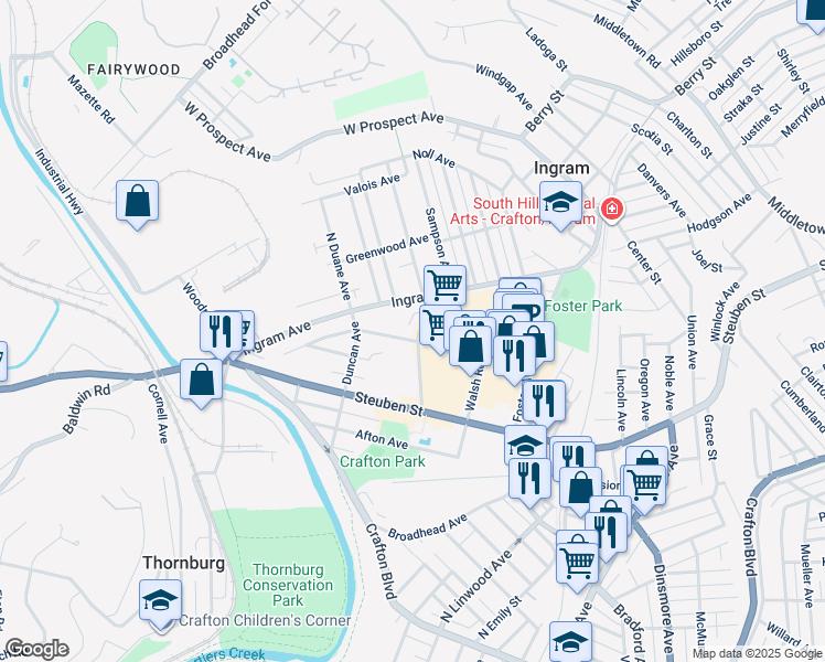 map of restaurants, bars, coffee shops, grocery stores, and more near 9 Linshaw Avenue in Pittsburgh