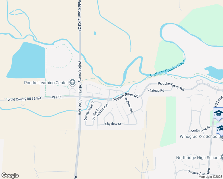 map of restaurants, bars, coffee shops, grocery stores, and more near 7907 River Run Drive in Greeley