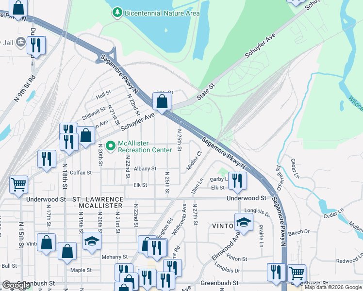 map of restaurants, bars, coffee shops, grocery stores, and more near 2345 North 25th Street in Lafayette