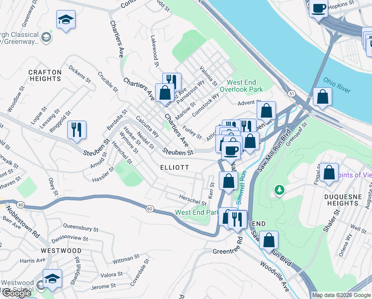map of restaurants, bars, coffee shops, grocery stores, and more near 708 Steuben Street in Pittsburgh