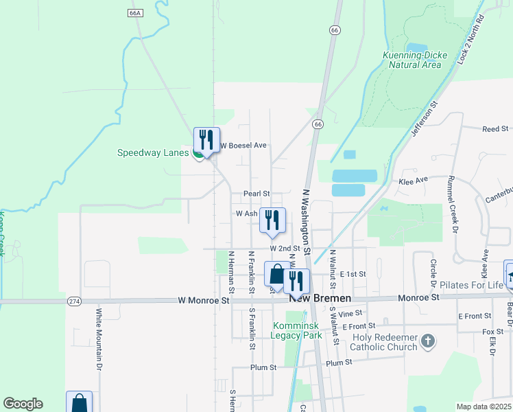 map of restaurants, bars, coffee shops, grocery stores, and more near 310 North Franklin Street in New Bremen