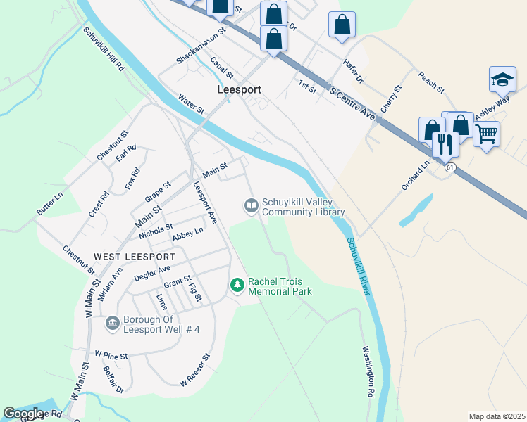 map of restaurants, bars, coffee shops, grocery stores, and more near 1313 Washington Road in Leesport