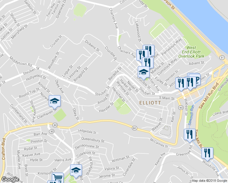 map of restaurants, bars, coffee shops, grocery stores, and more near 1001 Herschel Street in Pittsburgh