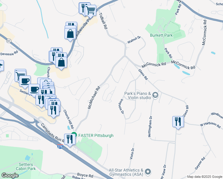 map of restaurants, bars, coffee shops, grocery stores, and more near 2107 Kenzie Drive in Pittsburgh