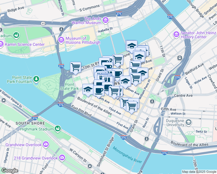 map of restaurants, bars, coffee shops, grocery stores, and more near Fifth Ave & Market St in Pittsburgh