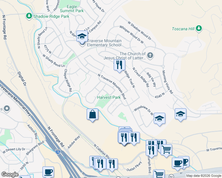 map of restaurants, bars, coffee shops, grocery stores, and more near 2287 West New Harvest Lane in Lehi