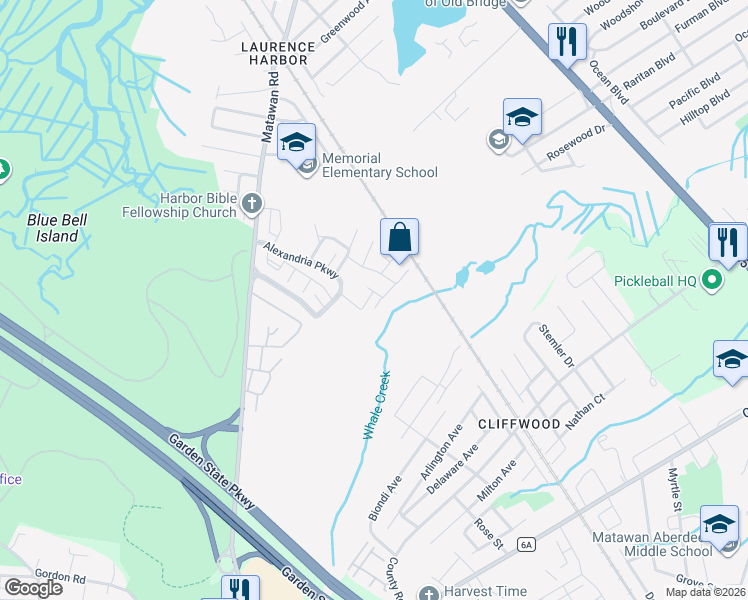 map of restaurants, bars, coffee shops, grocery stores, and more near 14 Rozalyn Lane in South Amboy
