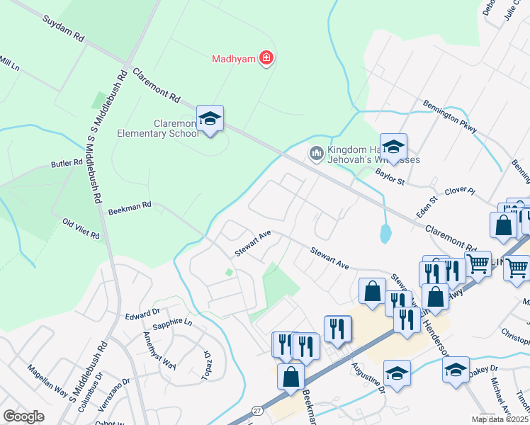 map of restaurants, bars, coffee shops, grocery stores, and more near 27 Pear Tree Lane in Franklin Township