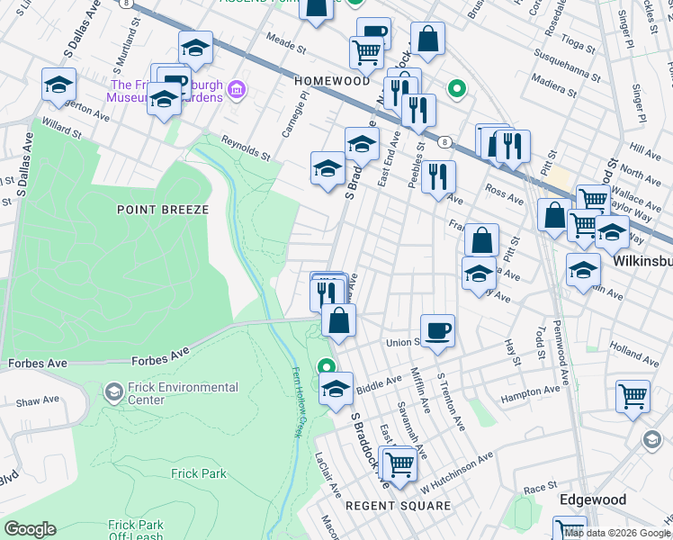 map of restaurants, bars, coffee shops, grocery stores, and more near 541 South Braddock Avenue in Pittsburgh