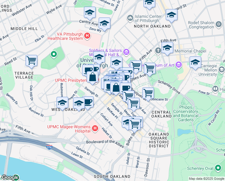 map of restaurants, bars, coffee shops, grocery stores, and more near 3705 Fifth Avenue in Pittsburgh