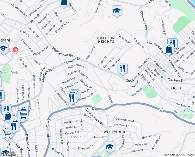 map of restaurants, bars, coffee shops, grocery stores, and more near 1453 Obey Street in Pittsburgh