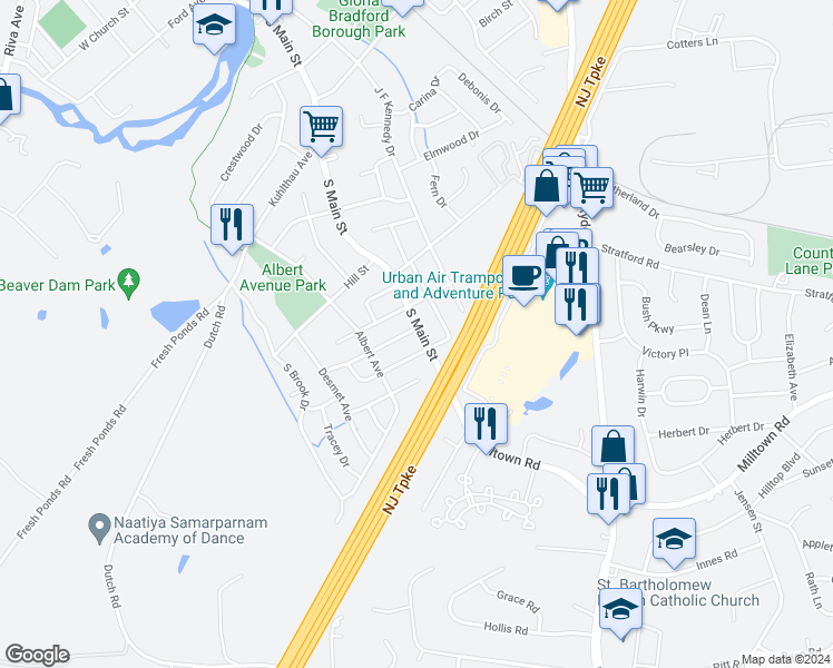 map of restaurants, bars, coffee shops, grocery stores, and more near 334 South Main Street in Milltown