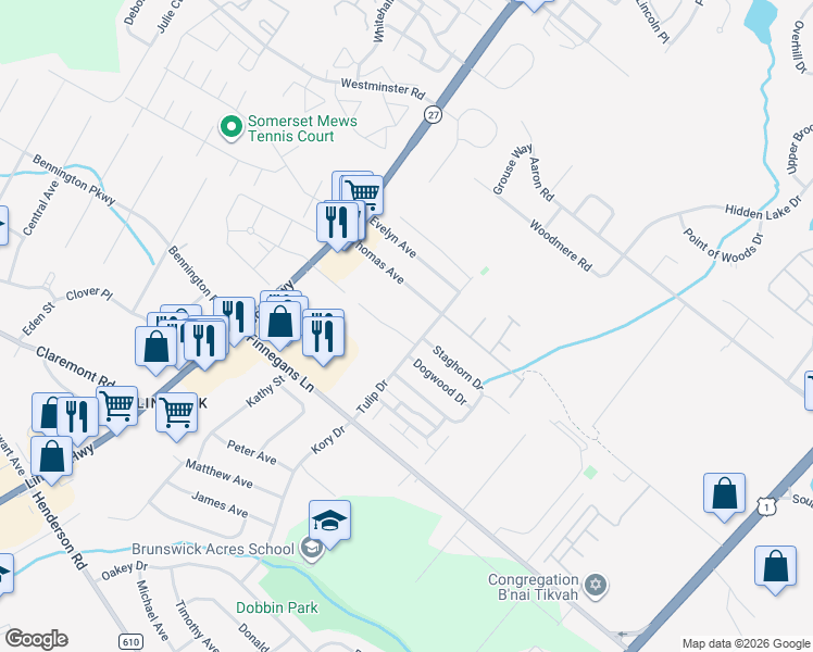 map of restaurants, bars, coffee shops, grocery stores, and more near 1427 Sutter Avenue in North Brunswick Township