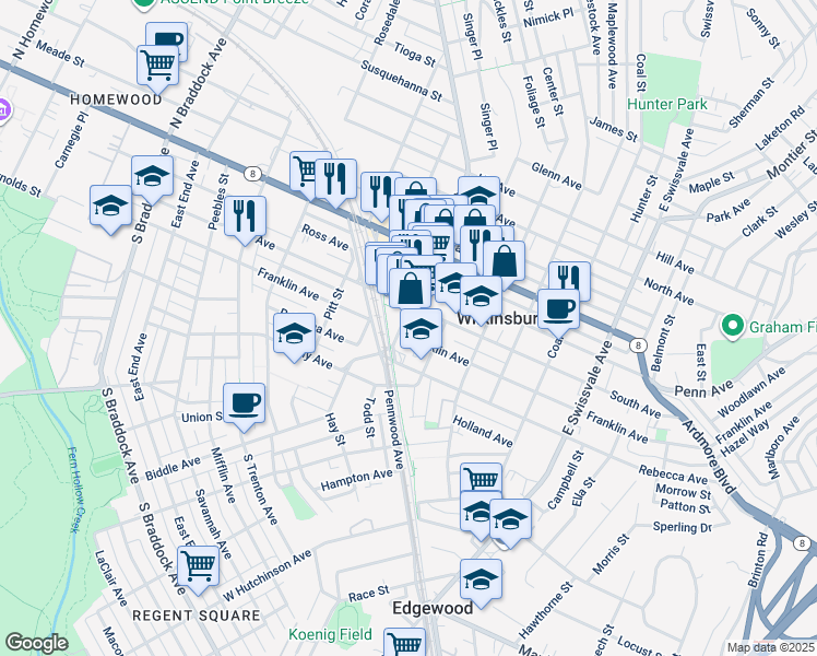 map of restaurants, bars, coffee shops, grocery stores, and more near 710 Wood Street in Pittsburgh