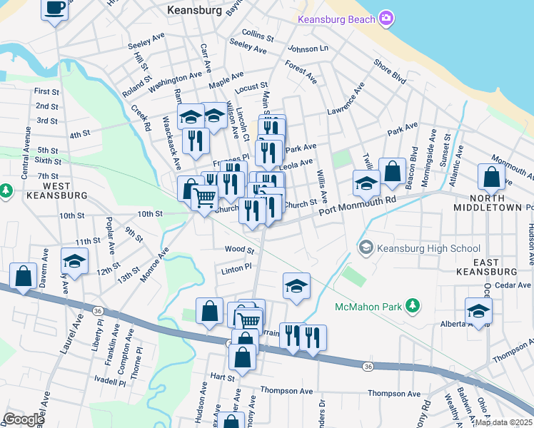 map of restaurants, bars, coffee shops, grocery stores, and more near in Keansburg