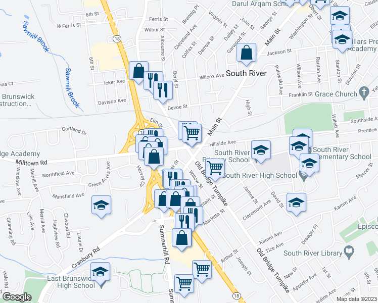 map of restaurants, bars, coffee shops, grocery stores, and more near 241 Old Bridge Turnpike in East Brunswick