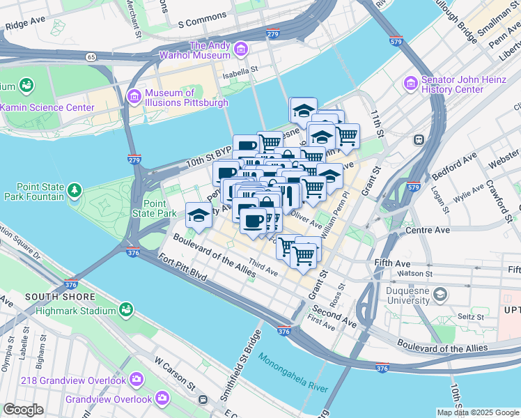 map of restaurants, bars, coffee shops, grocery stores, and more near 204 Fifth Avenue in Pittsburgh