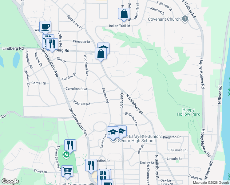 map of restaurants, bars, coffee shops, grocery stores, and more near 509 Carrolton Boulevard in West Lafayette