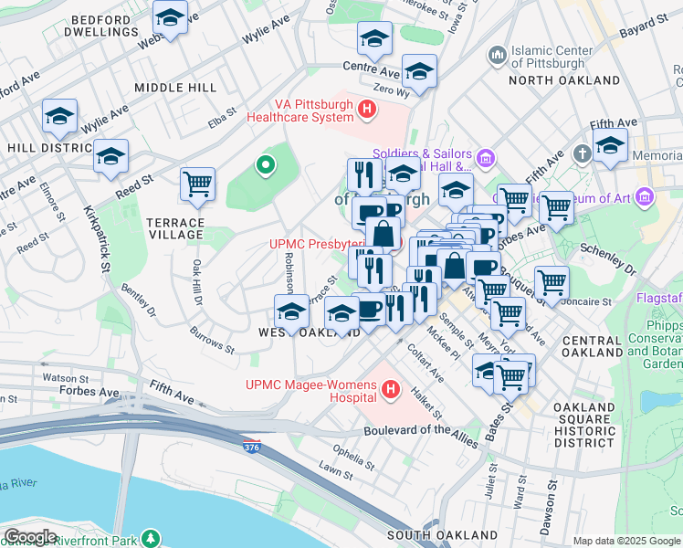 map of restaurants, bars, coffee shops, grocery stores, and more near 16 Buffalo Street in Pittsburgh