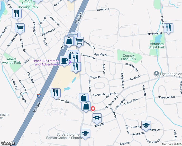 map of restaurants, bars, coffee shops, grocery stores, and more near 17 Bush Parkway in East Brunswick