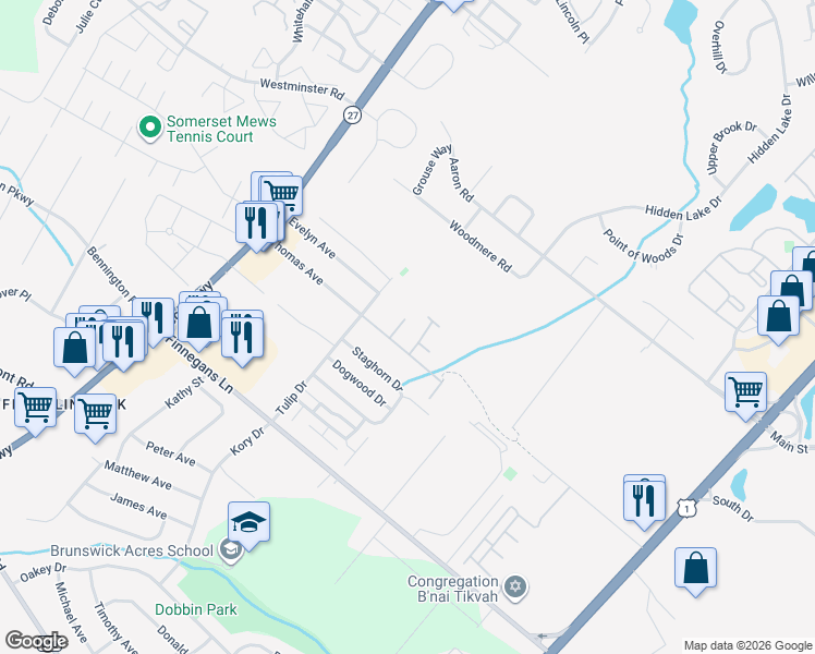map of restaurants, bars, coffee shops, grocery stores, and more near 1373 Thomas Avenue in North Brunswick Township