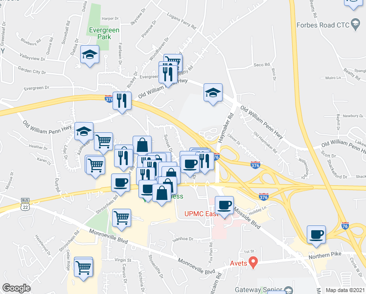 map of restaurants, bars, coffee shops, grocery stores, and more near 204 McMasters Drive in Monroeville