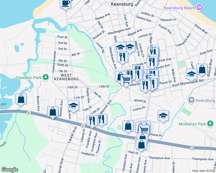 map of restaurants, bars, coffee shops, grocery stores, and more near 13 10th Street in Keansburg
