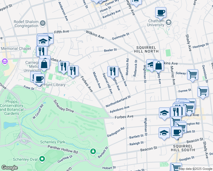 map of restaurants, bars, coffee shops, grocery stores, and more near 1344 Squirrel Hill Avenue in Pittsburgh