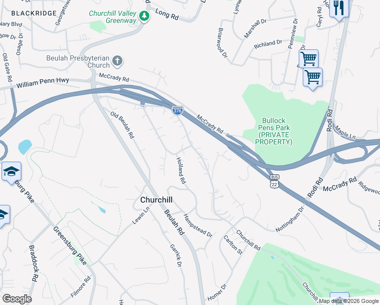 map of restaurants, bars, coffee shops, grocery stores, and more near 20 Churchill Road in Pittsburgh