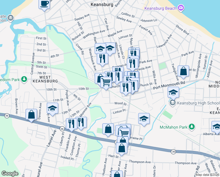 map of restaurants, bars, coffee shops, grocery stores, and more near 64 Church Street in Keansburg