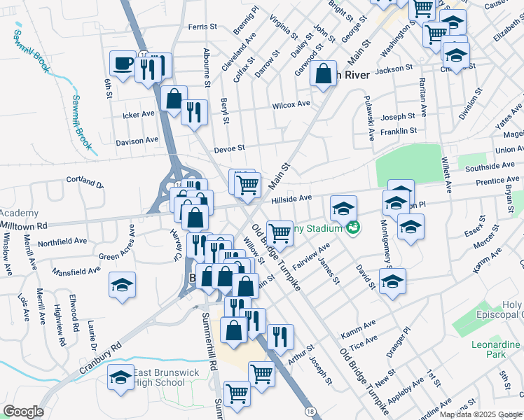 map of restaurants, bars, coffee shops, grocery stores, and more near 33 Exton Street in South River