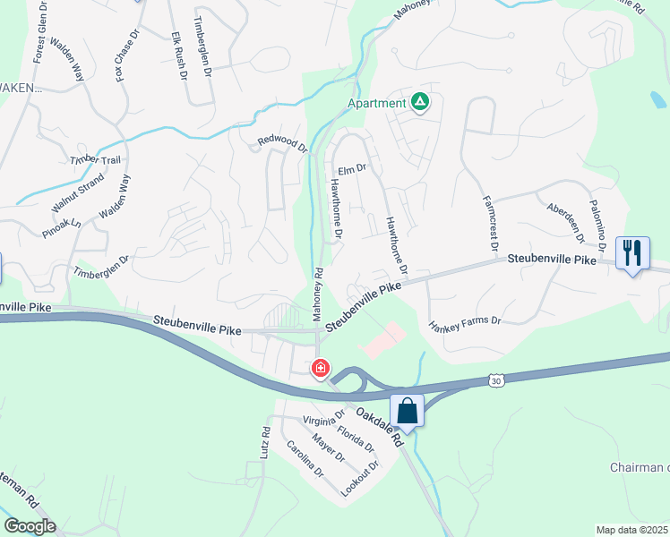 map of restaurants, bars, coffee shops, grocery stores, and more near 2644 Birchwood Lane in Oakdale