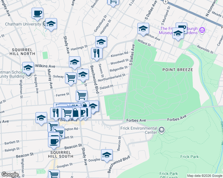 map of restaurants, bars, coffee shops, grocery stores, and more near 6532 Dalzell Place in Pittsburgh