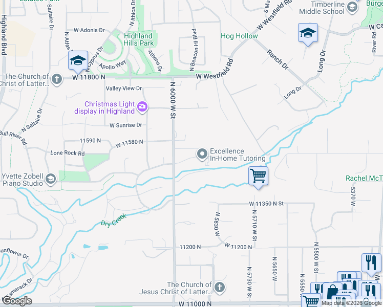 map of restaurants, bars, coffee shops, grocery stores, and more near 11530 North 6000 West in Highland
