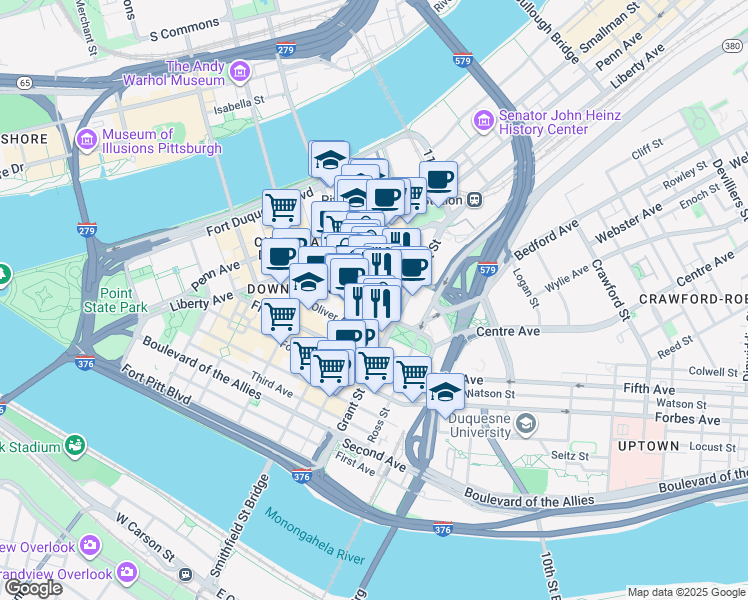 map of restaurants, bars, coffee shops, grocery stores, and more near 425 Sixth Avenue in Pittsburgh