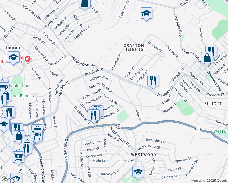 map of restaurants, bars, coffee shops, grocery stores, and more near 1608 Arnold Street in Pittsburgh