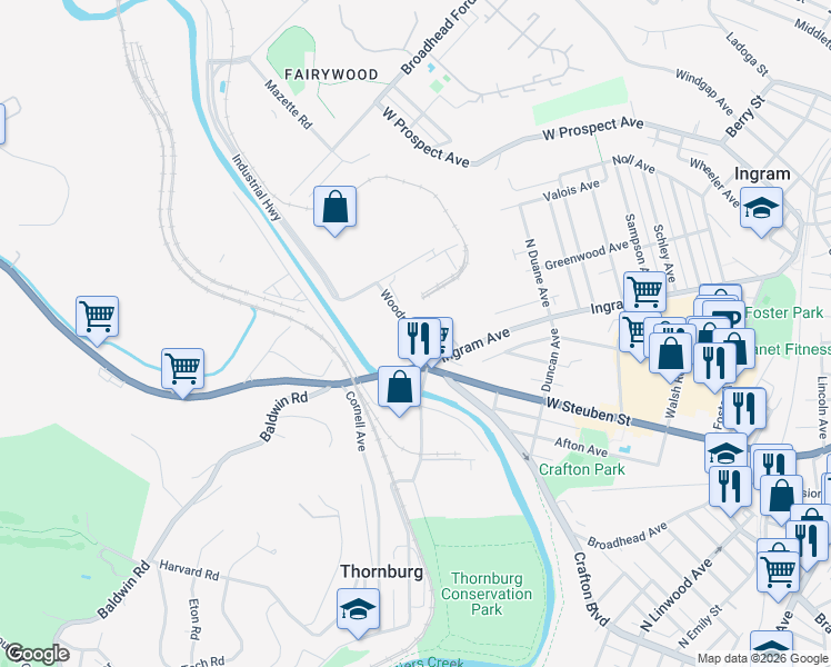map of restaurants, bars, coffee shops, grocery stores, and more near Woodmere Avenue in Pittsburgh