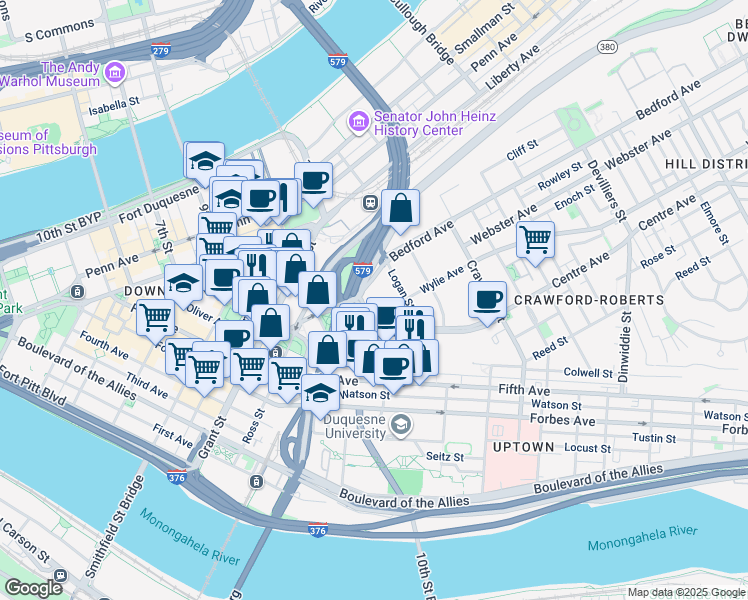 map of restaurants, bars, coffee shops, grocery stores, and more near 626 Washington Place in Pittsburgh