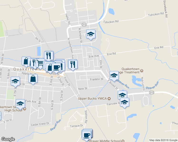 map of restaurants, bars, coffee shops, grocery stores, and more near 308 East Broad Street in Quakertown