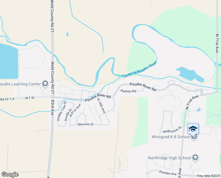 map of restaurants, bars, coffee shops, grocery stores, and more near 605 Riverside Court in Greeley
