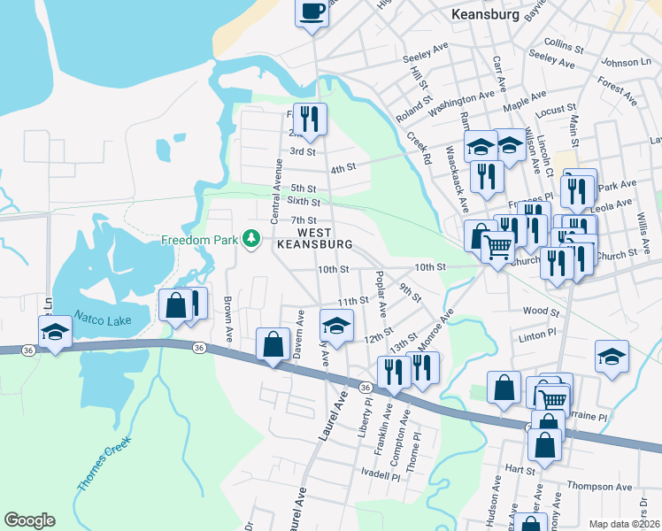 map of restaurants, bars, coffee shops, grocery stores, and more near 229 Laurel Avenue in Keansburg