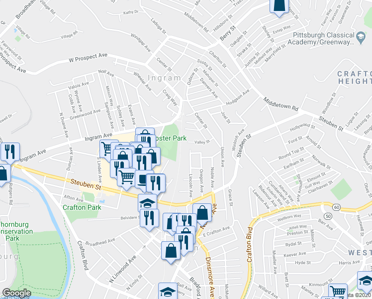 map of restaurants, bars, coffee shops, grocery stores, and more near 95 Lincoln Ave in Crafton