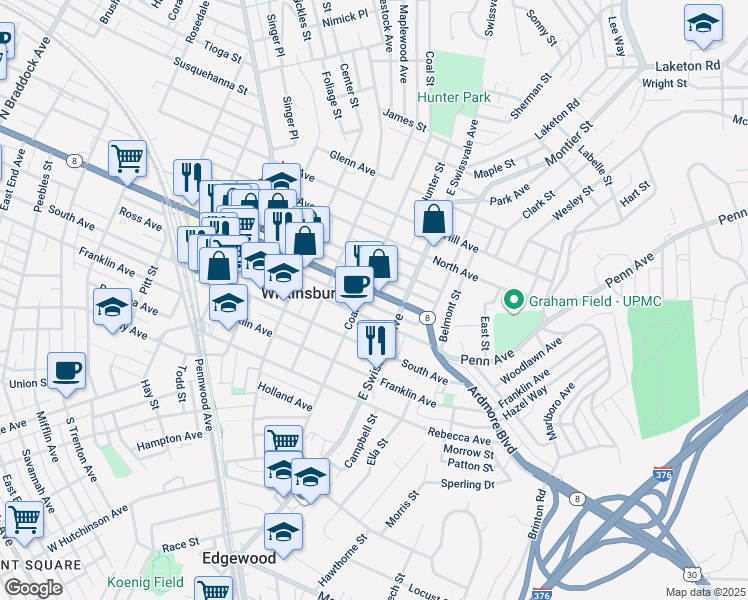 map of restaurants, bars, coffee shops, grocery stores, and more near 910 Coal Street in Pittsburgh