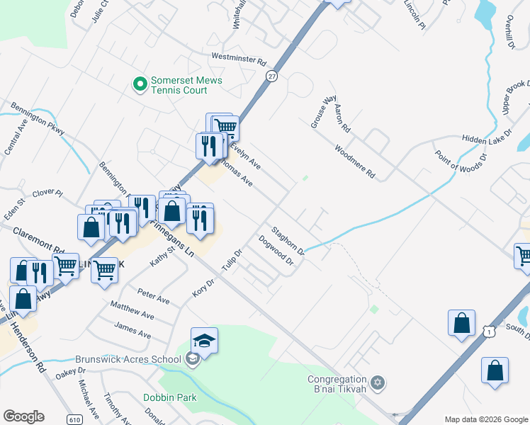 map of restaurants, bars, coffee shops, grocery stores, and more near 1427 Sutter Avenue in North Brunswick Township
