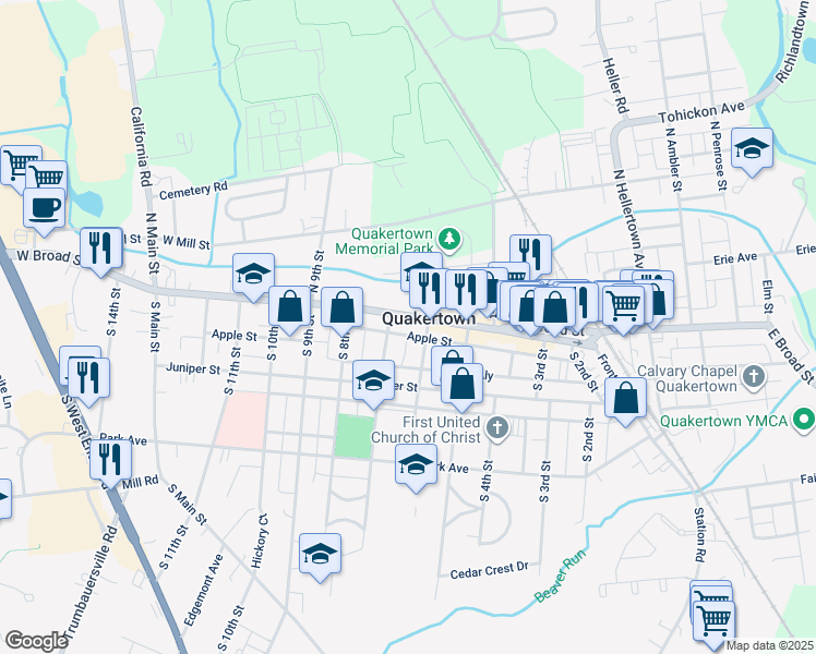 map of restaurants, bars, coffee shops, grocery stores, and more near in Quakertown