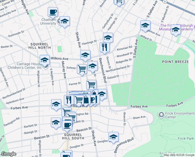 map of restaurants, bars, coffee shops, grocery stores, and more near 1516 Denniston Street in Pittsburgh