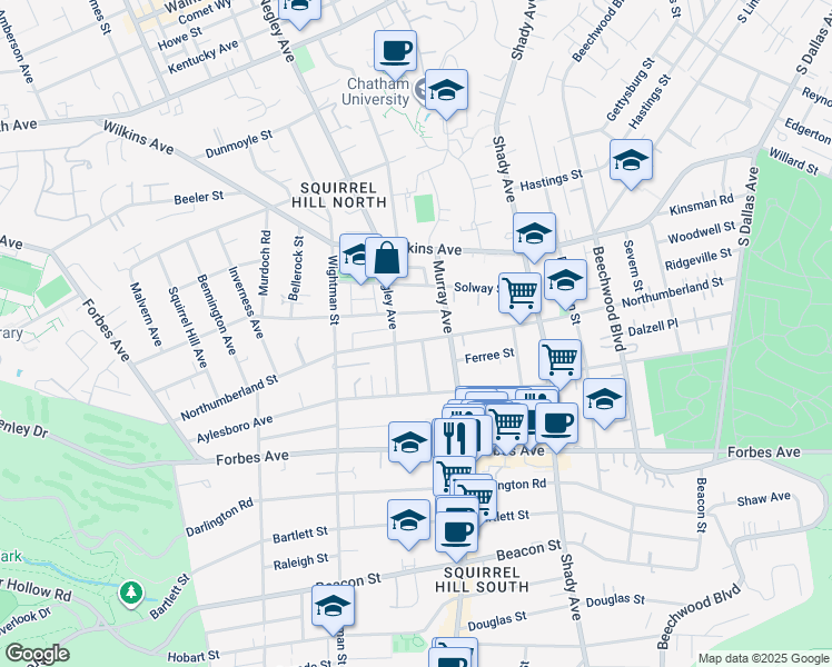 map of restaurants, bars, coffee shops, grocery stores, and more near 5725 Northumberland Street in Pittsburgh