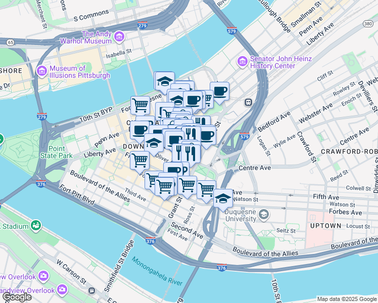 map of restaurants, bars, coffee shops, grocery stores, and more near 611 William Penn Place in Pittsburgh