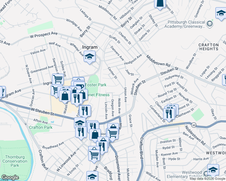 map of restaurants, bars, coffee shops, grocery stores, and more near 10 Valley Street in Crafton