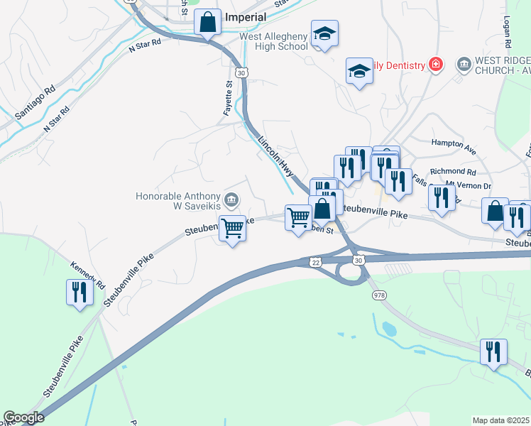map of restaurants, bars, coffee shops, grocery stores, and more near 8034 Steubenville Pike in Oakdale